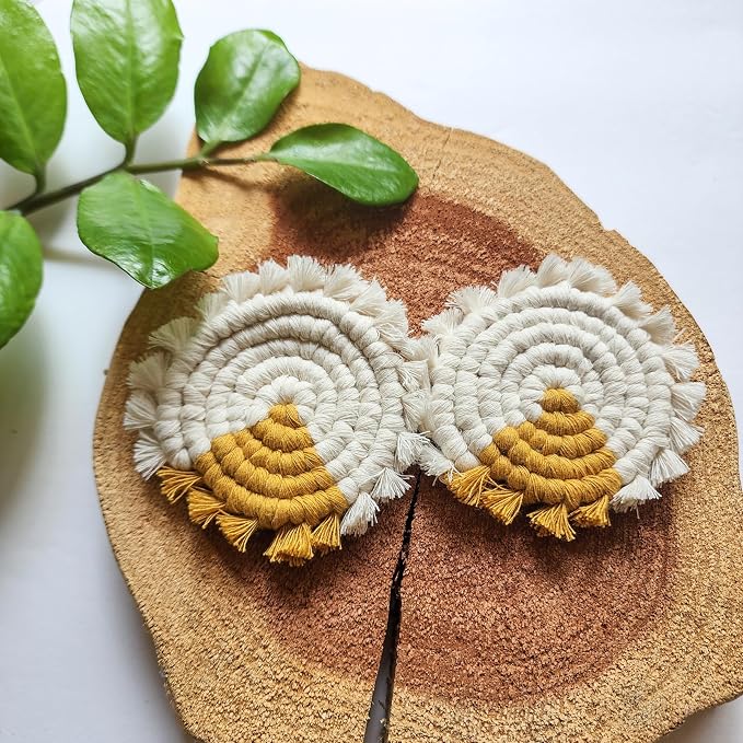 Cotton Car Coasters for Cup Holders, 2PC Car Cup Coasters, Drink Coaster Holder, Cute cupholder Coaster Accessories for Women, Macrame, Boho (Golden Glow)