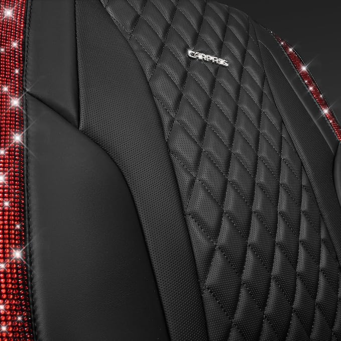 CAR PASS Nappa Leather Bling Diamond Black Red Seat Covers Full Set, Waterproof Calfskin Heavy-Duty Anti-Slip, Universal Fit for 95% Auto SUV Sedan Truck, Glitter Sparkle Shining (Red Rhinestone)