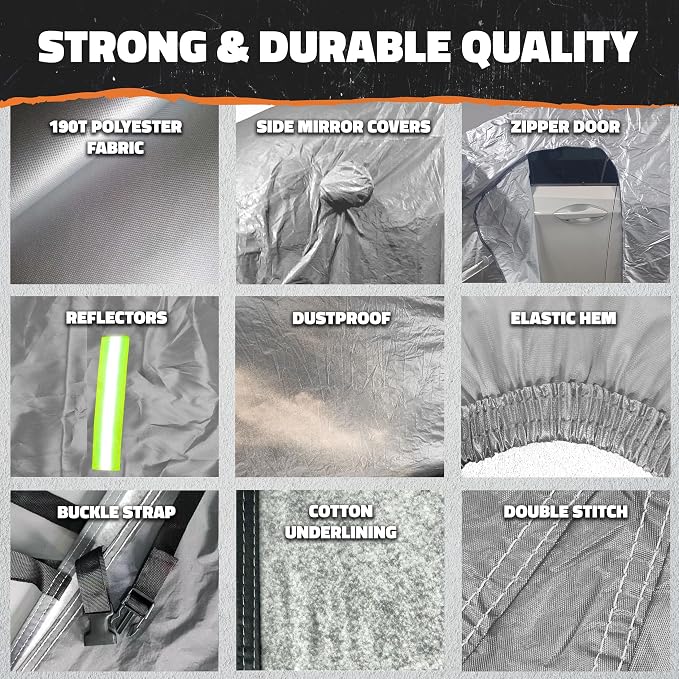Mockins 190"x75"x60" 190T Polyester Soft Sedan Car Cover with Zipper Door | Indoor & Outdoor Weatherproof Car Covers for Automobiles | Full Exterior Covers for Snow, Frost, UV, Light Rain & Foliage