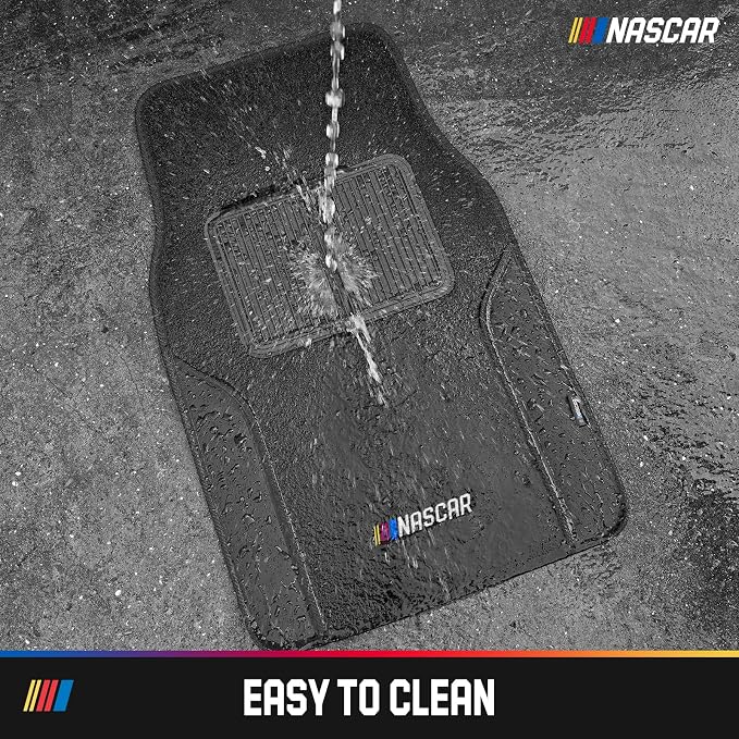 NASCAR Car Floor Mats, Carpet & Black Leather Design Car Mats, Universal-Fit All-Weather Car Floor Mats with Built-in Heel Pad & Anti-Slip Backing, Durable Odorless Automotive Interior Accessories