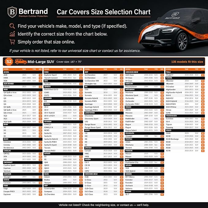 BERTRAND Heavy Duty SUV Car Cover Waterproof All Weather - Snow, Rain & UV Outdoor Protection | Cotton-Lined, Up to 8-Point Anchoring + Zipper Access | Mid-Large SUVs, Black-Orange (187x75, S2)