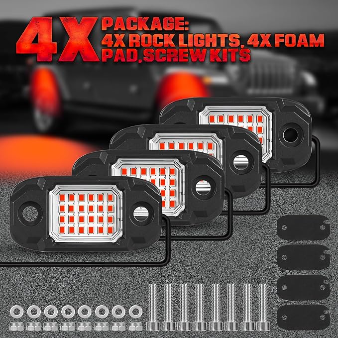 4 Pods Red Rock Lights Underglow Light for Cars Trucks Trail Rig Lamp | 24 LED chips for each light, waterproof bottom chassis lights