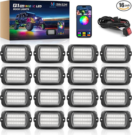 MICTUNING Q1+ MAX 16 Pods Ultra-Bright RGB Rock Lights, Multi-Color Chasing Underglow Lighting, Extensible to 24 Pods, APP Music Sync & DIY Effects, IP68 Waterproof