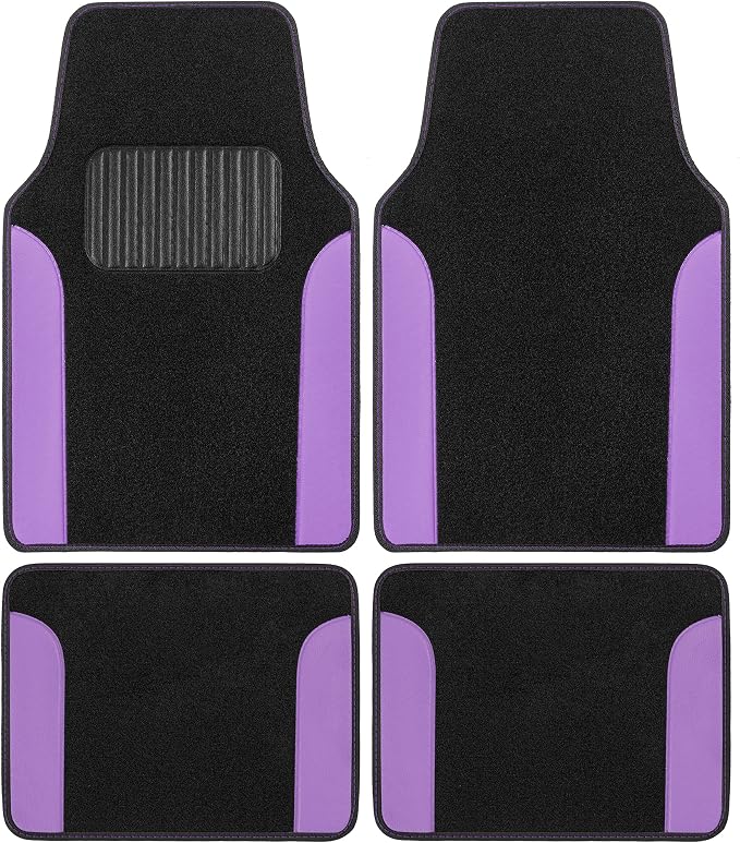 BDK Carpet Floor Mats for Cars, Two-Tone Carpet Car Mat with Faux Leather Accents, Automotive Floor Mat Sets with Built-in Heel Pad, Stylish Interior Car Accessories Purple