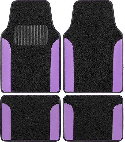 BDK Carpet Floor Mats for Cars, Two-Tone Carpet Car Mat with Faux Leather Accents, Automotive Floor Mat Sets with Built-in Heel Pad, Stylish Interior Car Accessories Purple
