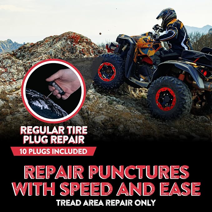 GlueTread ATV Tire Repair Kit Complete Off-Road Tire Patch Kit - Includes Glue Tread Sidewall Repair Patches, Colby Emergency Valve, Plug Kits (12 Plugs), T Handles and 4 CO2 Cartridges - Heavy Duty