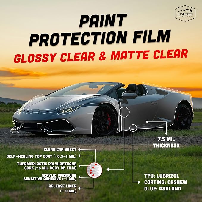 United - Clear PPF Paint Protection Film TPU Polyurethane, Self Healing UV Protection Scratch & Stain Resistant Automotive Vinyl Wrap 7.5mil Thickness 60" Good for Bumper 60 Inch x 36 Inch Matte