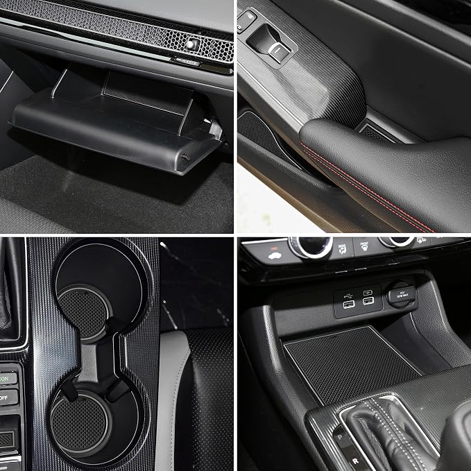 for Honda Civic Accessories 2022 2023 2024 2025 2026 11th Gen Sedan Cup Holder Insert Center Console Liner Door Slot Mats Pad Coaster Trim Premium Rubber Custom Interior 17PC Set (Gray Trim)