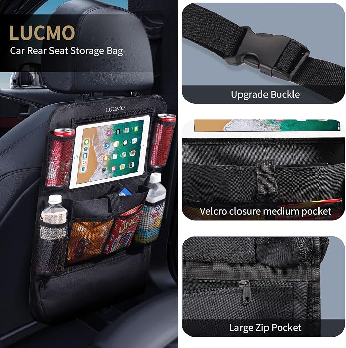 LUCMO Car Backseat Organizer with Touch Screen Tablet Holder, Black | 2 Pcs,9 Storage Pockets,Clear Tablet Holder,Protectors Kick Mats,Travel Accessories,Seat Cover,Road Trip Essentials