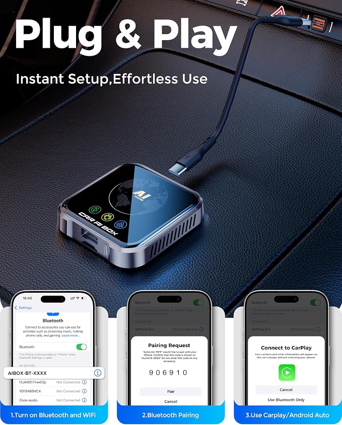 Magic AI Box Wireless CarPlay Adapter, Fast Car Video Box Plug & Play, Easy Setup, Supports Netflix/YouTube/TF Card Equalizers and More for OEM Wired CarPlay/Android Auto Cars(Charcoal Gray)