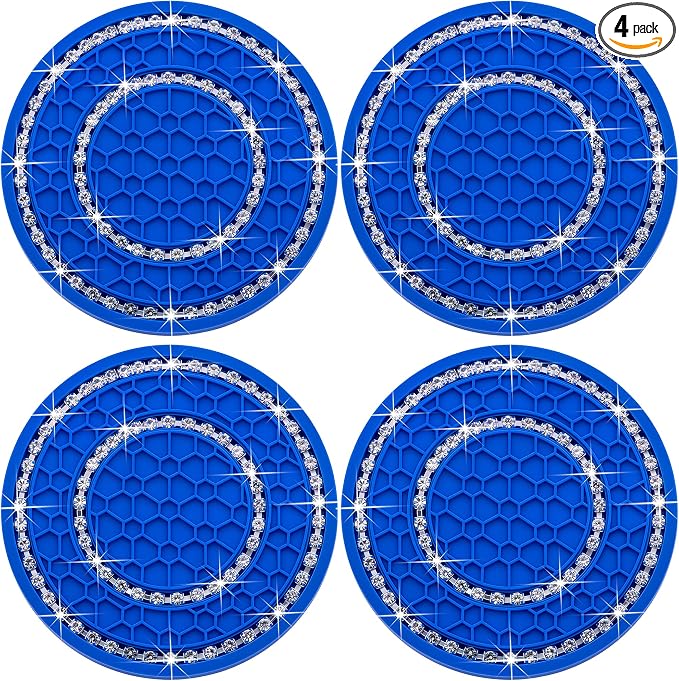 4PCS Bling Crystal Rhinestone Cup Holder Coaster, 2.75 inch Soft Silicone Anti-Slip Shockproof, Car Cup Holder Insert Coasters, Universal Car Interior Accessories for Women (Deep Blue & White)