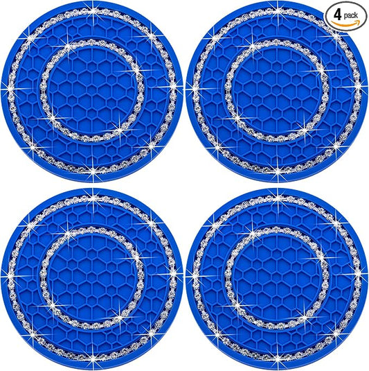 4PCS Bling Crystal Rhinestone Cup Holder Coaster, 2.75 inch Soft Silicone Anti-Slip Shockproof, Car Cup Holder Insert Coasters, Universal Car Interior Accessories for Women (Deep Blue & White)