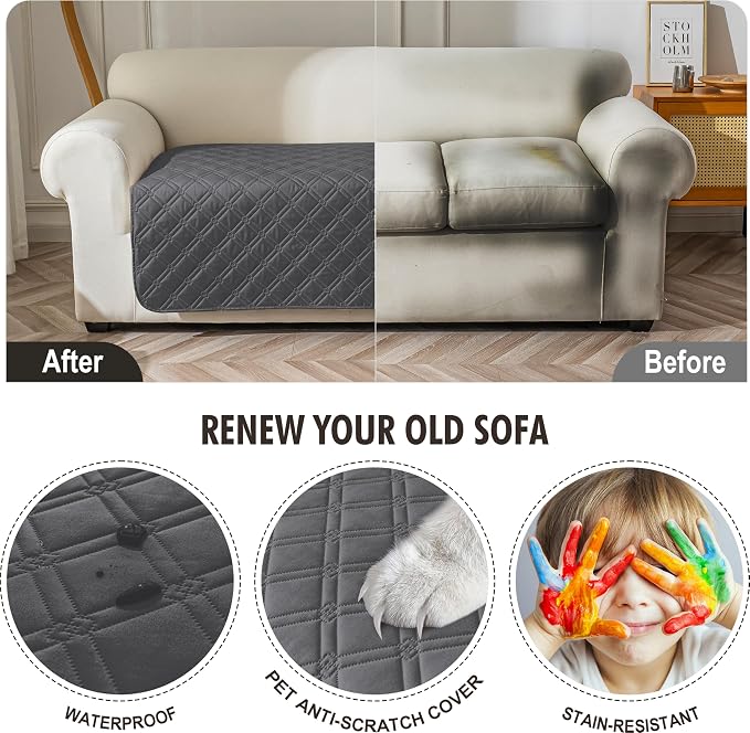 Genina Waterproof Couch Cover, Washable Anti-Slip 67 inch Sofa Covers with 3 Cushions, Sectional Couch Covers for Pets Friendly, Sofa Slipcovers for Dogs Cats, (67inch/Dark Gray)