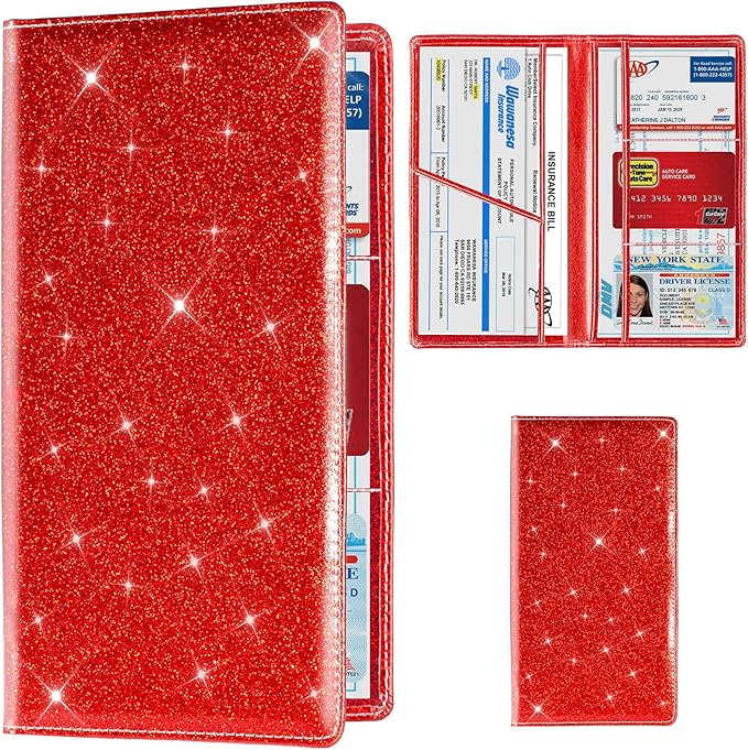 TOURSUIT Car Registration & Insurance Card Holder, Glitter Red | Vehicle License Document Organizer, Glove Box Compartment, Interior Car Accessories, For Women Men