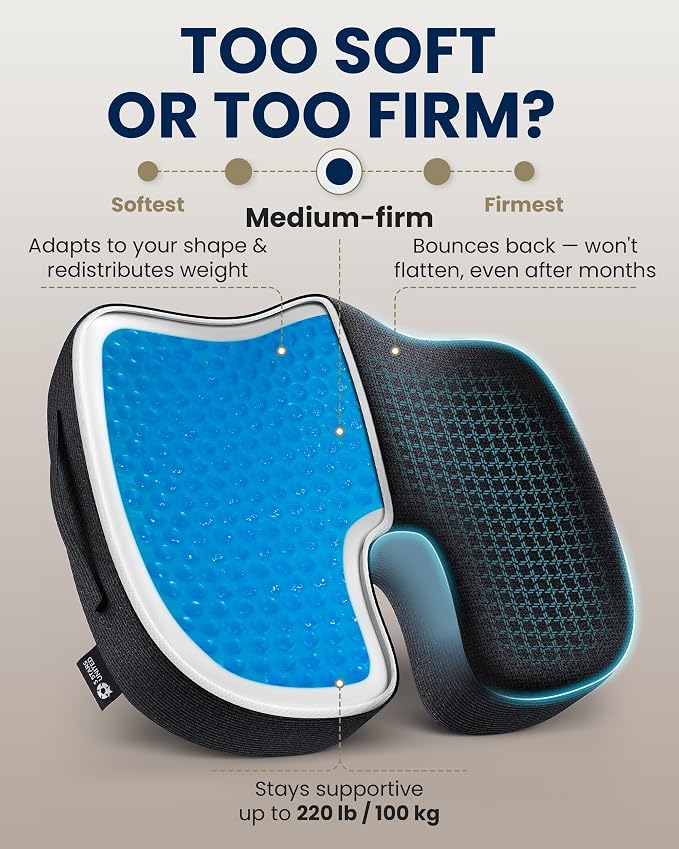 5 STARS UNITED Seat Cushion - Memory Foam & Cooling Gel - Chair Cushion for Tailbone Pain Relief - Ergonomic Support for Coccyx, Sciatica & Butt - Office, Desk & Gaming Chair, Car, Wheelchair, Black