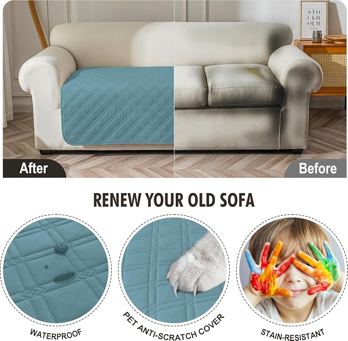Genina Waterproof Couch Cover,Washable Anti-Slip 78inch Sofa Covers with 3 Cushions,Sectional Couch Covers for Pets Friendly, Sofa Slipcovers for Dogs Cats(78inch/Blue)
