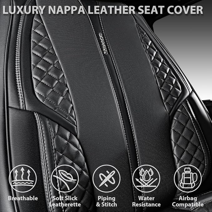 CAR PASS Nappa Leather Car Seat Covers Full Set, Luxury Seat Protector for Cars, Waterproof Anti-Slip PU Seat Cushion Airbag Armrest Compatible Universal for Sedan SUV Pick-up Truck Auto, All Black