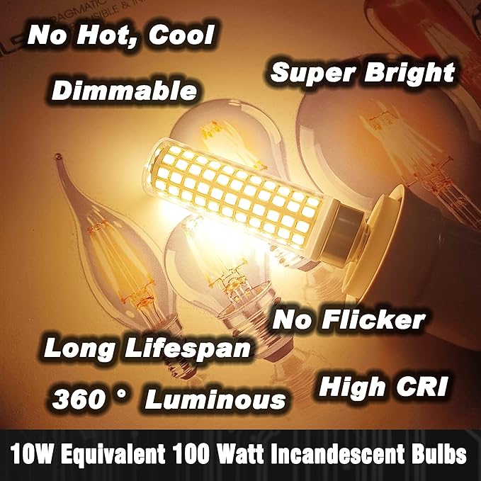 E12 Dimmable Candelabra Light Bulb 100W Equivalent 2700K Warm White, 3 Pack | C7 T6 LED Corn Bulb, 10 Watt, 1000lm, AC120V, for Home Decorative Chandelier Ceiling Fan Pendant Lighting Salt Lamp