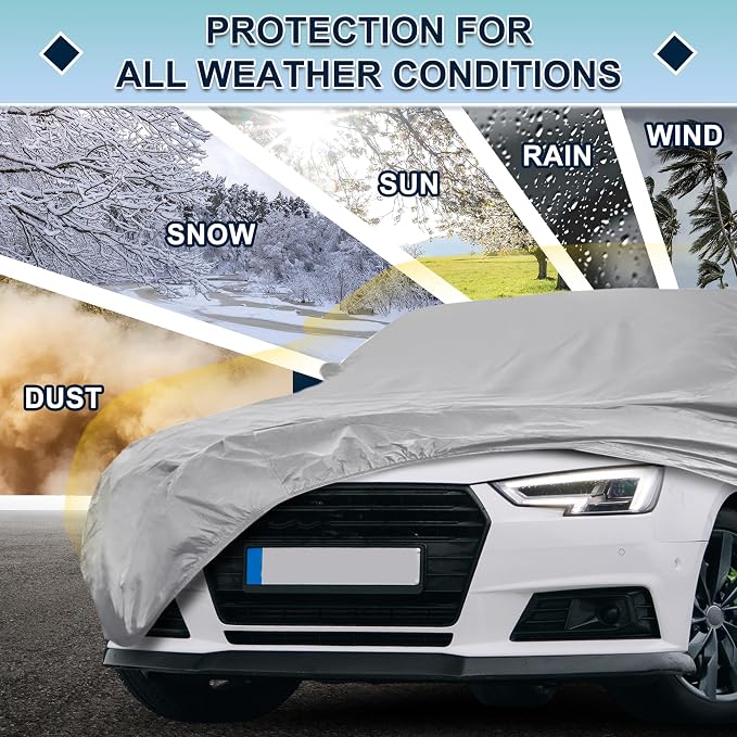 Silver Tone Heavy Duty Waterproof Car Cover for Sedan 185"-191" - All-Weather UV Protected Outdoor Full Exterior Cover with Sun/Snow/Rain Resistance