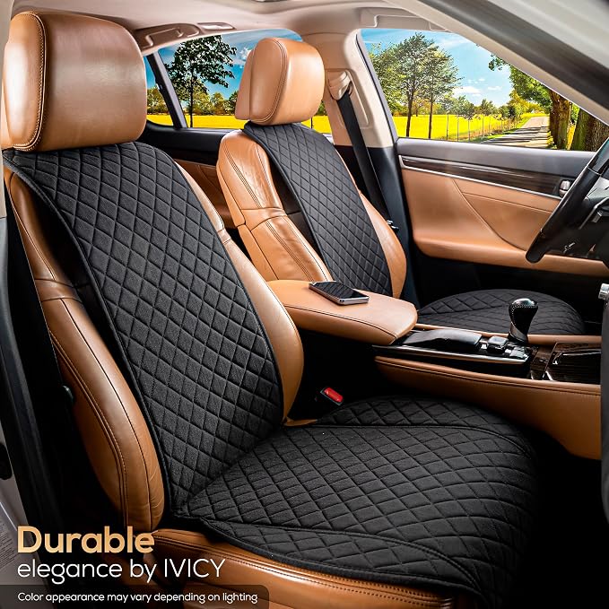 IVICY Faux Linen Front Car Seat Cover – Non-Slip Bucket Seat Protector for Most Cars, SUVs, Vans & Trucks – 1 Seat Cover, Machine Washable, Side-Airbag Friendly, Black