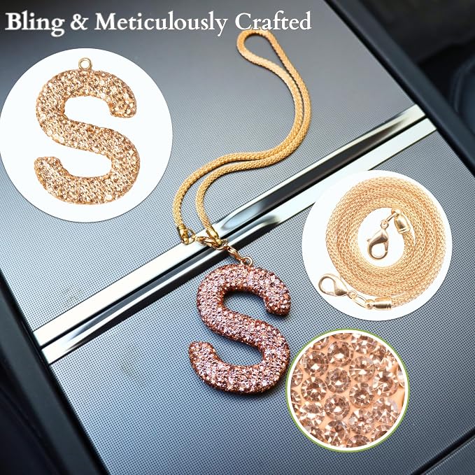 Bling Car Accessories for Women Letter Charm, Rainbow Crystal Rearview Mirror Pendant, Cute Diamond Rhinestone Car Decor, Lucky Gift for Women(S, Champagne Gold)