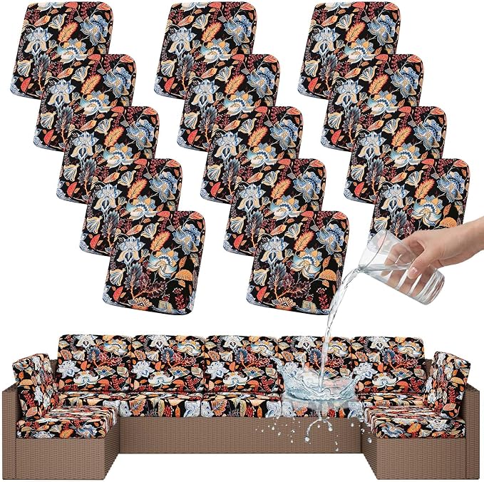 Smiry Waterproof Patio Cushion Covers, Stretch Outdoor Couch Slipcovers Replacement Washable Furniture Protector Sofa Chair Seat Cover for Dogs and Pets (14 Pcs, Black and Orange)