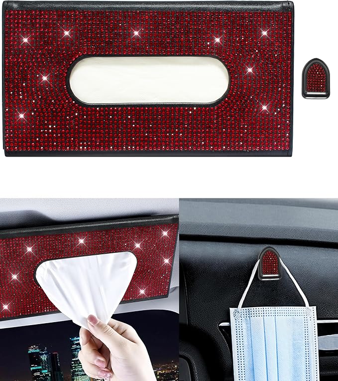 Bling Car Sun Visor Tissue Box Holder,PU Leather with Bling Crystal Rhinestones Tissue Holder,Car Accessories for Women (Red)