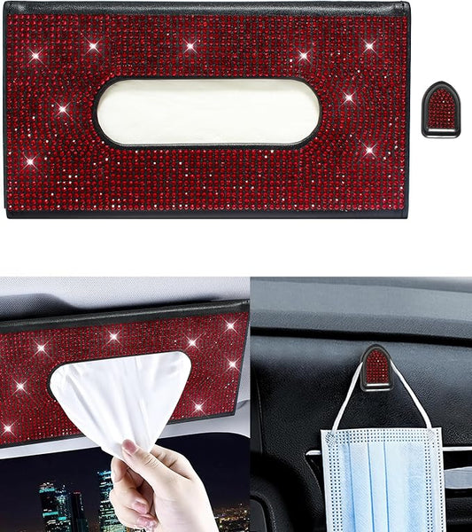 Bling Car Sun Visor Tissue Box Holder,PU Leather with Bling Crystal Rhinestones Tissue Holder,Car Accessories for Women (Red)