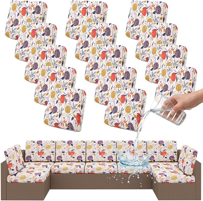 Smiry Waterproof Patio Cushion Covers, Stretch Outdoor Couch Slipcovers Replacement Washable Furniture Protector Sofa Chair Seat Cover for Dogs and Pets (14 Pcs, Orange)