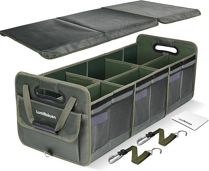 Heavy Duty Trunk Organizer with Lid for SUV & Truck (XL, Green) | 1680D Water-Resistant Fabric & 3.5mm PP Skeleton Collapsible Multi-Compartment Trunk features Dual Non-Slip Hooks