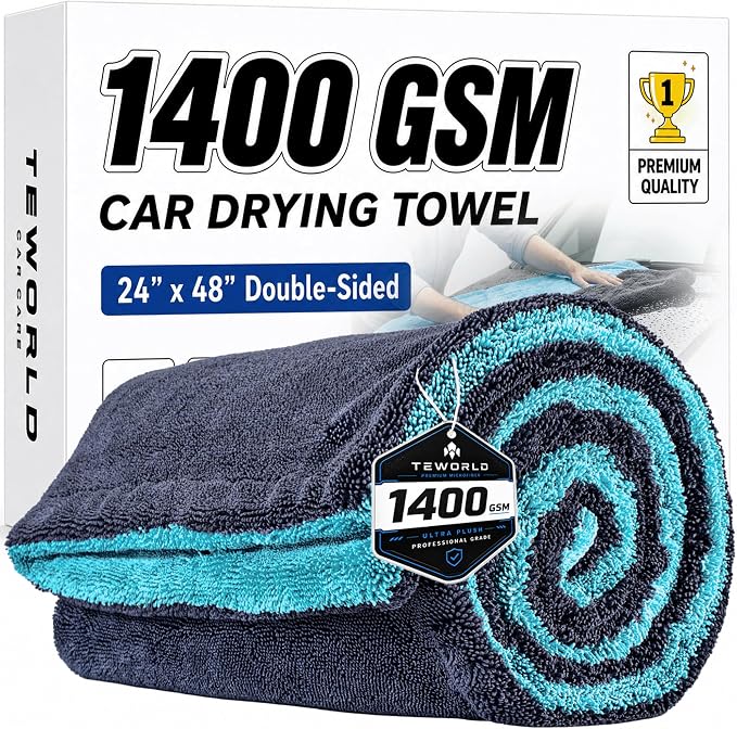 teworld® Car Drying Towel, Extra Large 48 x 24 Inch, 1400 GSM, Dual-Color | Twisted Loop Microfiber Towel for Cars - Absorbent Car Dry Towel and Car Wash Towel for Streak-Free, Paint-Safe Car Detailing