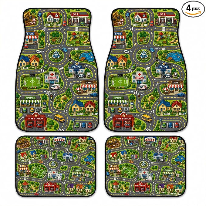 City Road Car Floor Mats Set of 4 Child Playmat Traffic Town Car Accessories Foot Mats Rugs, Non-Slip,Decor for Universal Fit for Suvs Sedans Trucks Cars Auto Floor Carpets Rugs All-Weather