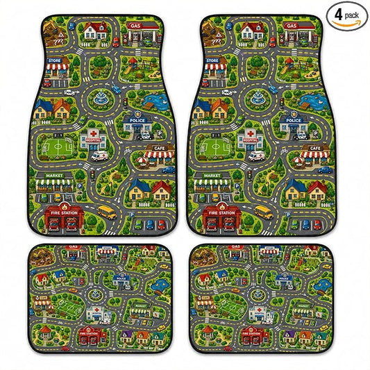 City Road Car Floor Mats Set of 4 Child Playmat Traffic Town Car Accessories Foot Mats Rugs, Non-Slip,Decor for Universal Fit for Suvs Sedans Trucks Cars Auto Floor Carpets Rugs All-Weather