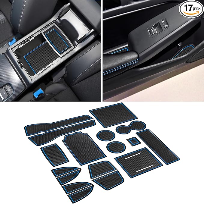 for Honda Civic Accessories 2022 2023 2024 2025 2026 11th Gen Sedan Cup Holder Insert Center Console Liner Door Slot Mats Pad Coaster Trim Premium Rubber Custom Interior 17PC Set (Blue Trim)