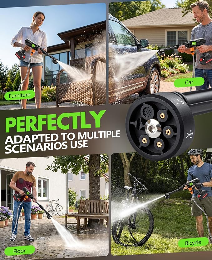PoolLeader Cordless Car Cleaning Tool with 6-in-1 Nozzle & Foam Cannon | Lightweight Portable Design, Battery Operated Cordless Car Wash Spray, Handheld Wash Machine for Car, Patio, Home -Lime Green