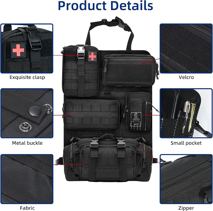 6 Pack Tactical Car Seat Back Organizer,Backseat Organizer with 5 Detachable Molle Pouches,Molle Panel Organizer Fits for Vehicel Such as Jeep,Truck,SUV, Car(Black)