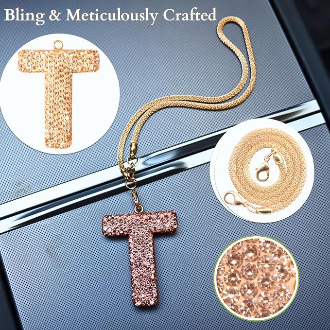 Bling Car Accessories for Women Letter Charm, Rainbow Crystal Rearview Mirror Pendant, Cute Diamond Rhinestone Car Decor, Lucky Gift for Women(T, Champagne Gold)