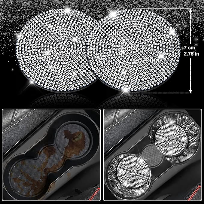 CAR PASS 11 PCS Bling Diamond Car Accessories for Women, Sparkly Rhinestone Steering Wheel Cover, Bling Seat Belt Cushion, Glitter Shift Knob Cover, Car Cup Holder Coaster, Cute Interior Sets Silver
