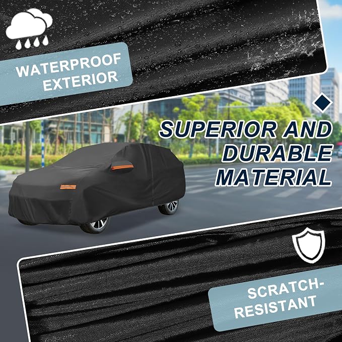 Black Heavy Duty Waterproof Car Cover for SUV 173"-179" - All-Weather UV Protected Outdoor Full Exterior Cover with Sun/Snow/Rain Resistance