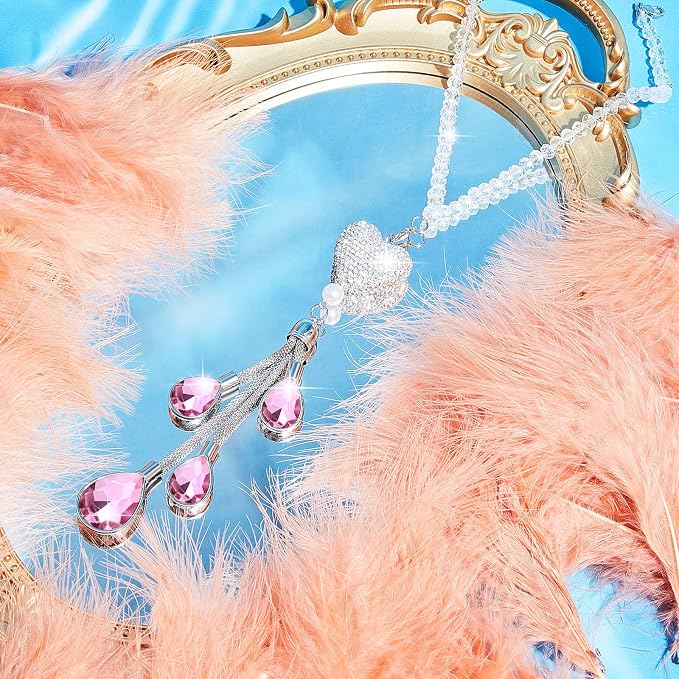 Frienda Bling Car Rear View Mirror Accessories for Women Gift Cute Heart Crystal Hanging Charm Diamond Decoration Lucky Interior Ornament Pendant(7.5 Inch,Pink)