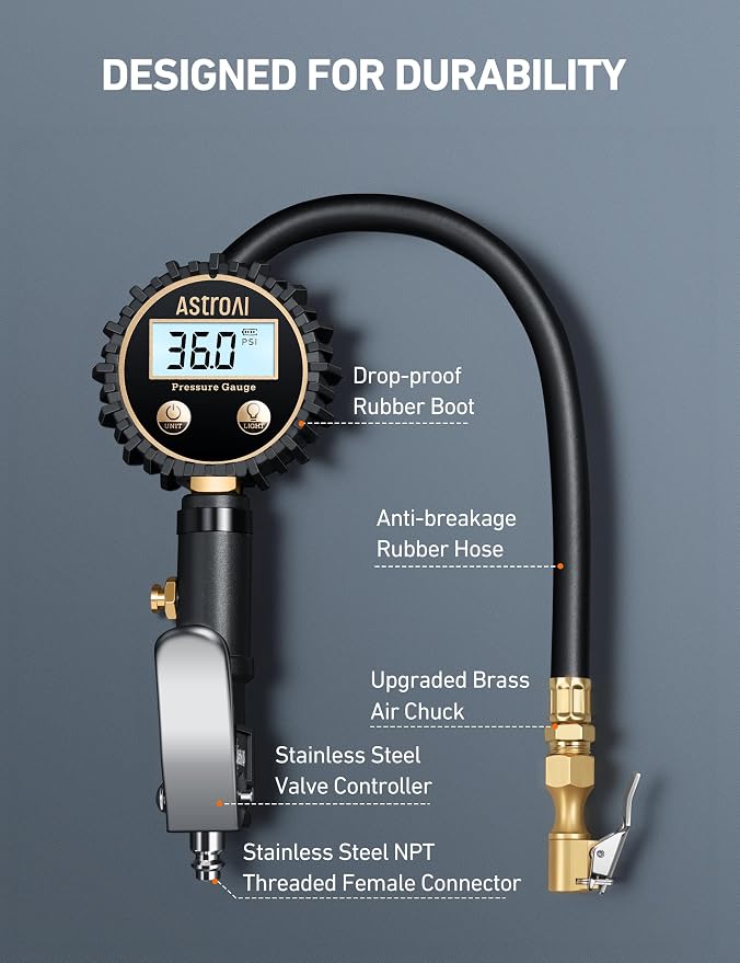 AstroAI Digital Tire Pressure Gauge with Inflator(3-250 PSI 0.1 for Display Resolution), Heavy Duty Air Chuck and Compressor Accessories with Rubber Hose and Quick Connect Coupler, White