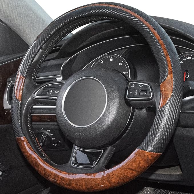 Wood Grain Steering Wheel Cover Black Universal Microfiber Leather, Suitable for 14 1/2-15 inch Comfortable Anti-Slip, Good Breathable and Odorless Car Steering Wheel Cover