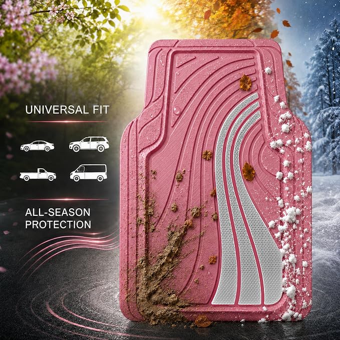 Road Comforts Car Floor Mats Full Set – Front & Rear Car Floor Mats with Aluminum Design, Anti-Slip Backing, All-Weather Protection, Trim-to-Fit Car Mats for Most Sedans, SUVs & Vans -All Pink