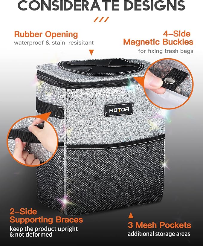 HOTOR Car Trash Can with Lid and Storage Pockets - 100% Leak-Proof Organizer, Waterproof Garbage Can, Multipurpose Trash Bin for Car, 2 Gallons, Sparkle White