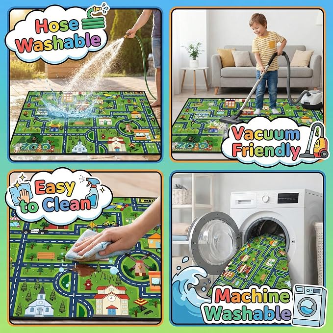 Kids Car Rug Play Mat 4.5x6 Feet City Life Road Traffic Track Carpet for Boys Bedroom Playroom Non Slip Floor Area Rugs for Toy Cars Toddlers Educational Learning Game Mat