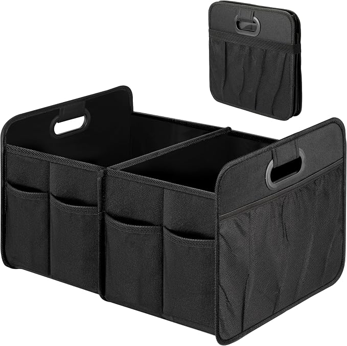 Simple Deluxe Car Trunk Organizer, 2 Compartments Collapsible Trunk Storage, Anti-slip Design, Made of Waterproof 600D Oxford Polyester, Suitable for SUV, Minivan, Truck, Standard Size, Black New