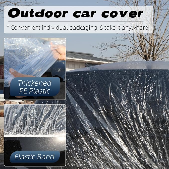 3-Pack Disposable Plastic Car Covers - Universal Waterproof, Dustproof & Transparent Protective Cover for Sedan, SUV with Elastic Band (12.5ft x 21.7ft)