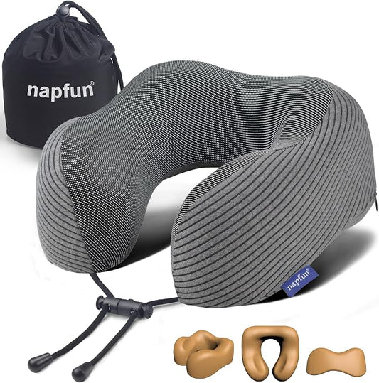 napfun Neck Pillow for Traveling, Upgraded Travel Neck Pillow for Airplane 100% Pure Memory Foam Travel Pillow for Flight Headrest Sleep, Portable Plane Accessories, Dark Gray