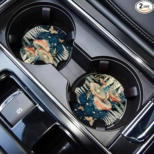WOCOCN Cute Cup Holder Coasters for Your Car with Fingertip Grip, Auto Accessories for Women & Men,Pack of 2 (Mushrooms at Night)