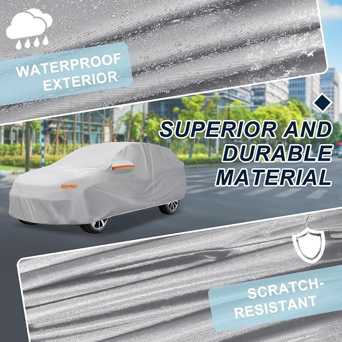 Silver Tone Heavy Duty Waterproof Car Cover for SUV 173"-179" - All-Weather UV Protected Outdoor Full Exterior Cover with Sun/Snow/Rain Resistance